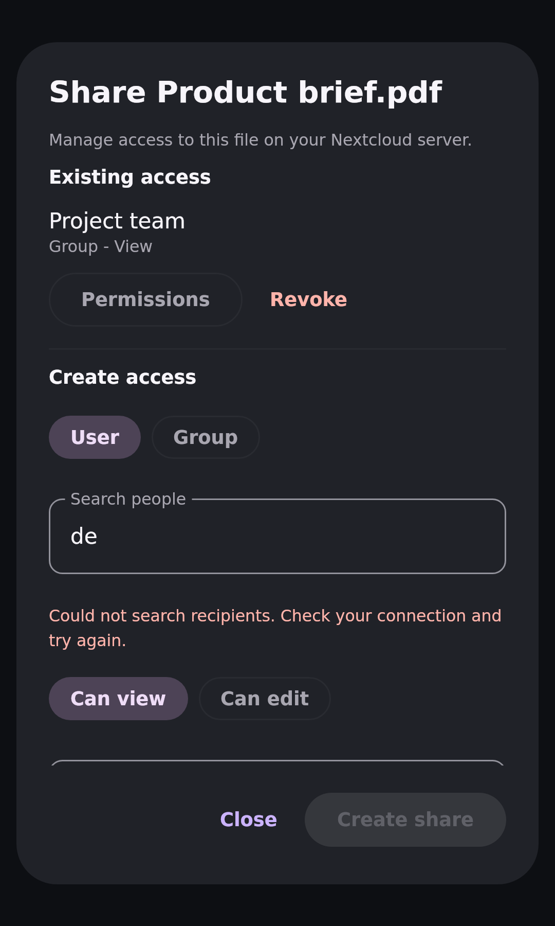 Files Share dialog: Recipient search error