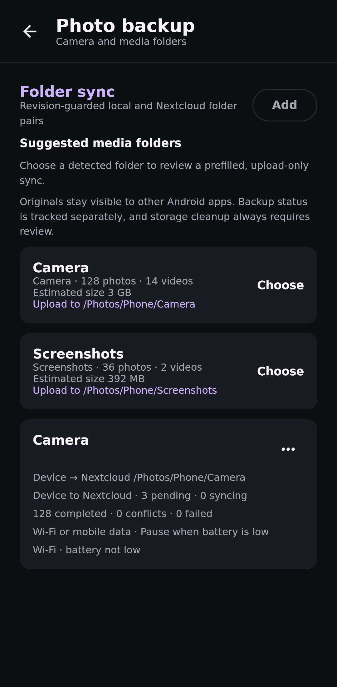 Nextcloud Native media backup view with Camera and Screenshots suggestions and active transfer counts