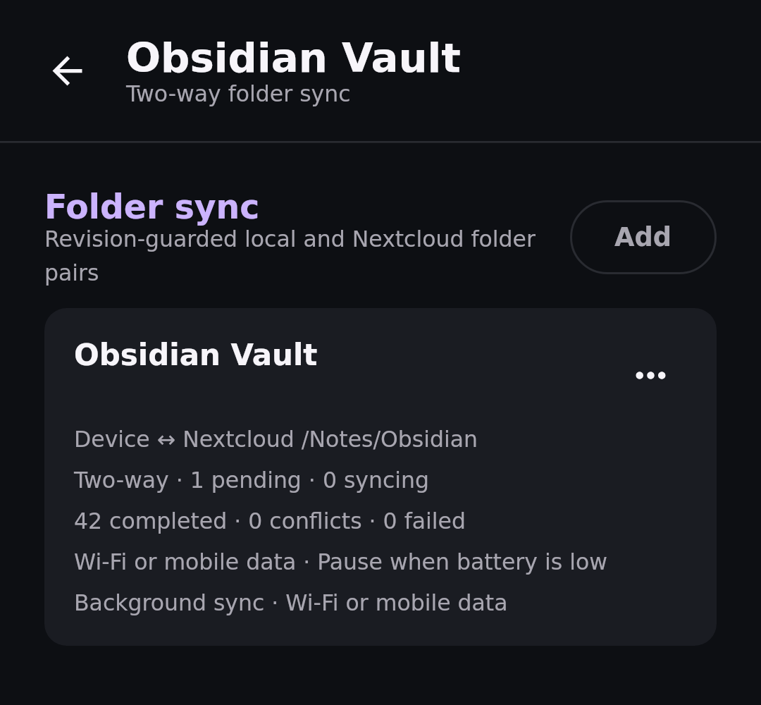 Nextcloud Native Obsidian vault two-way sync pair with pending and completed transfer counts