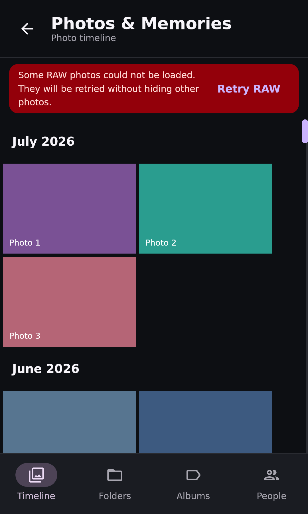 Photos Photo timeline: Ordinary photos with a RAW retry pending