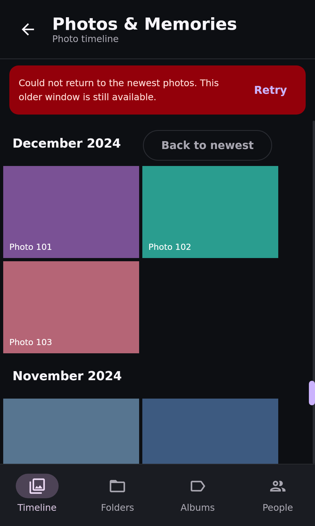 Photos Photo timeline: Older window with failed return to newest