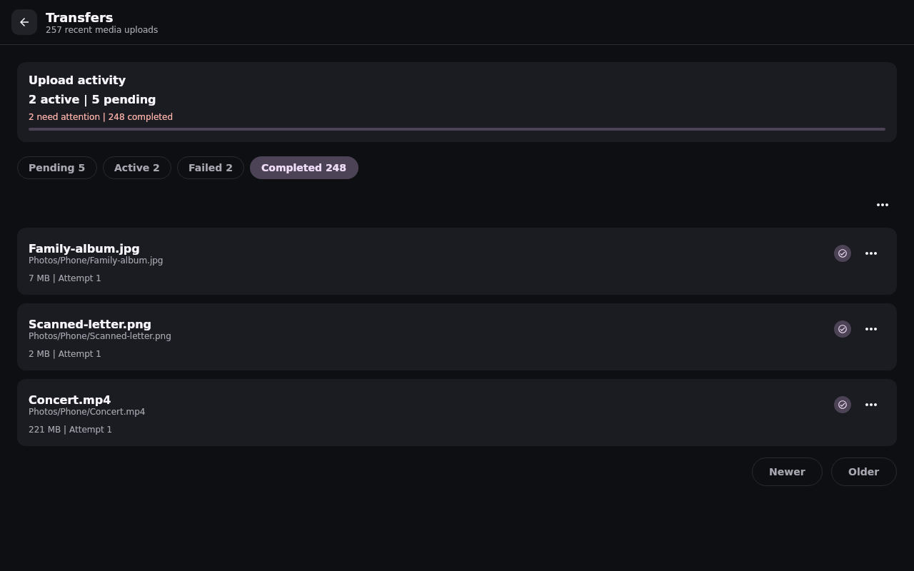 Files Transfer center: Completed transfer history