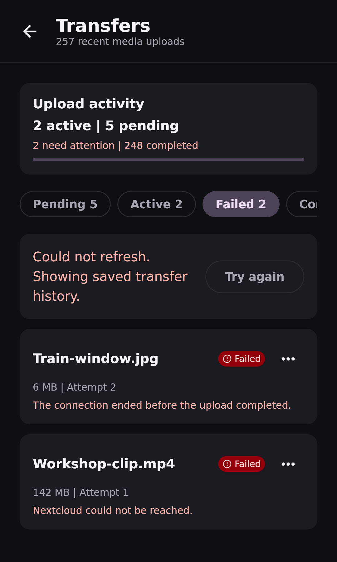 Files Transfer center: Failed upload with cached source