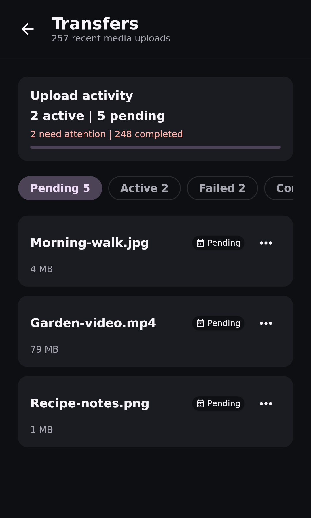 Files Transfer center: Pending uploads